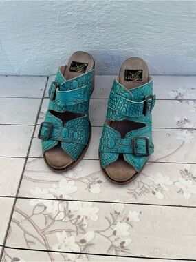 freebird Turquoise Croc-Embossed Buckle Clog Heel